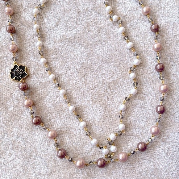 Elegant Long Layered Cultured Pearl Beaded Necklace w/ Floral Flower Accent - Picture 9 of 14